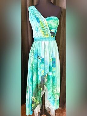 Floryday Floral Watercolor Embroidered 1 Shoulder Asymmetrical Maxi Dress Size S